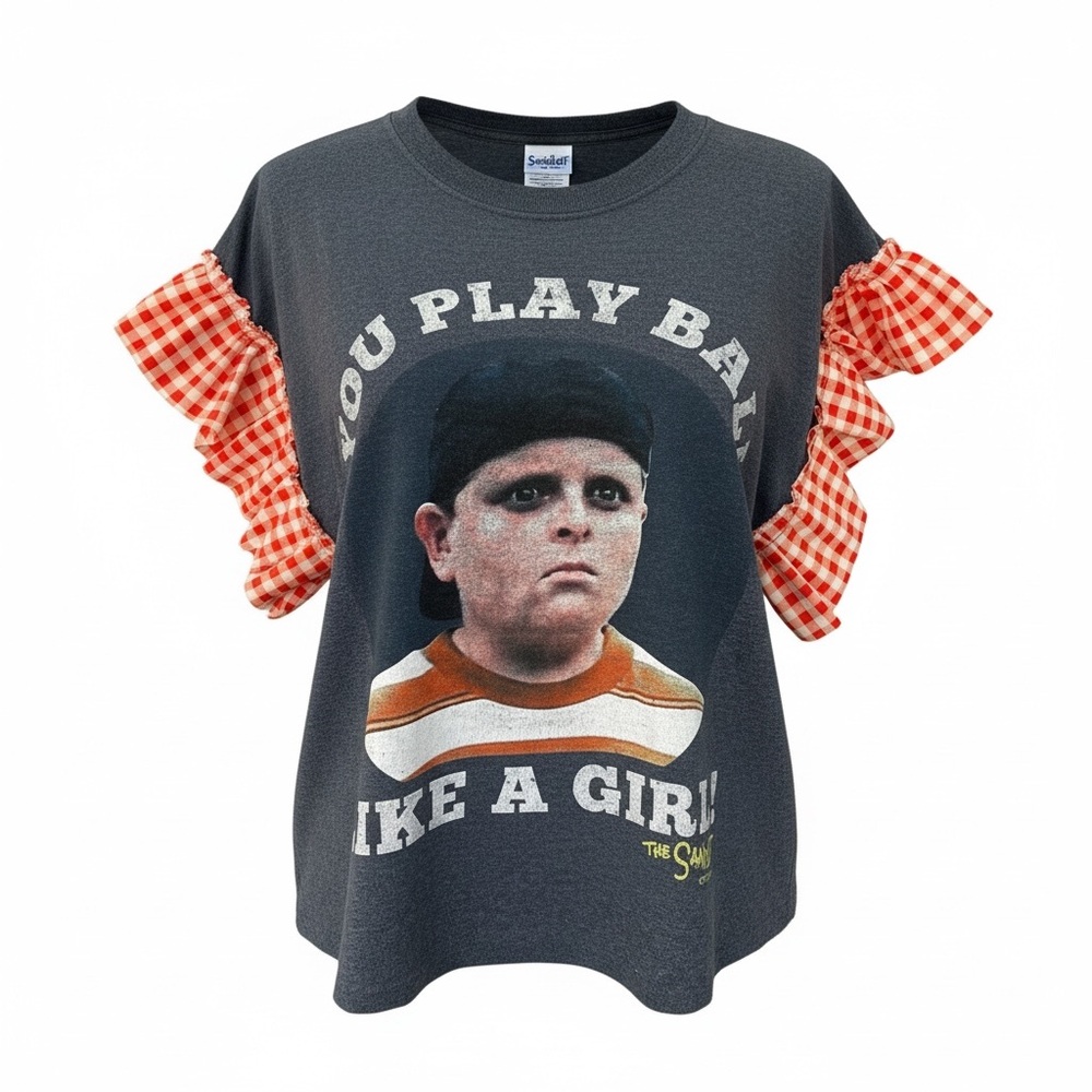 The Sandlot Cropped Graphic Tee with Orange Gingham Ruffle Sleeves